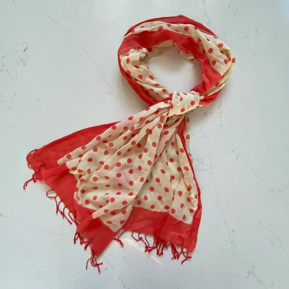 Banana Republic Salmon/Coral Polka Dots‎ on Ivory Long Fringed Scarf